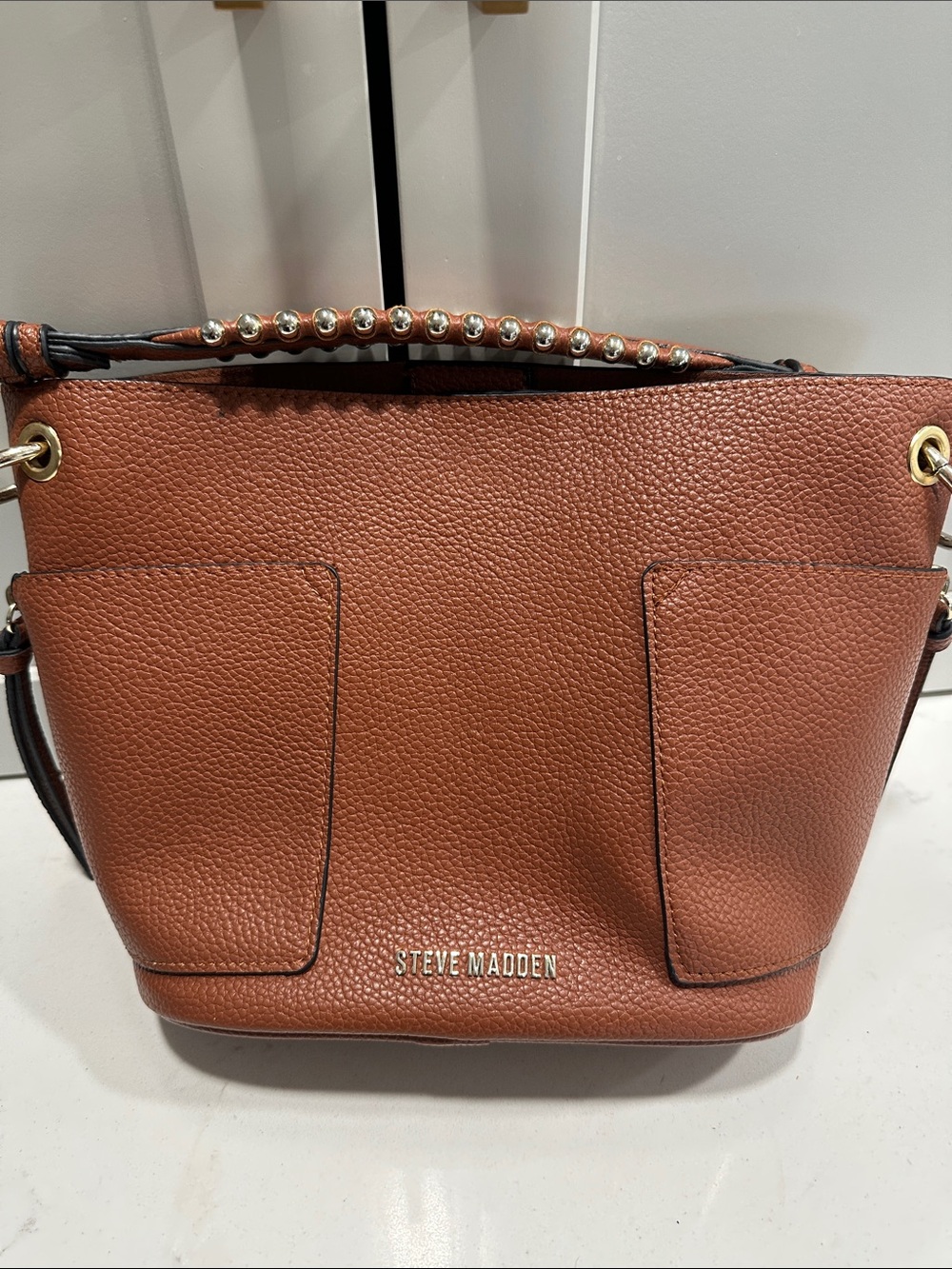 Steve Madden Tan Pebbled Faux Leather Shoulder Bag with Studded Handle